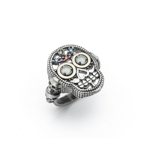 Anillo calavera plata, bronce, calcedonia, circonitas SKS291