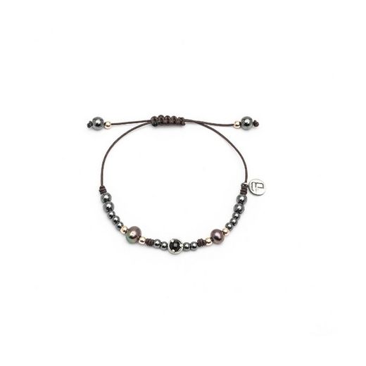 Pulsera Raive macramé plata, ónix facetado, perla gris MA-563