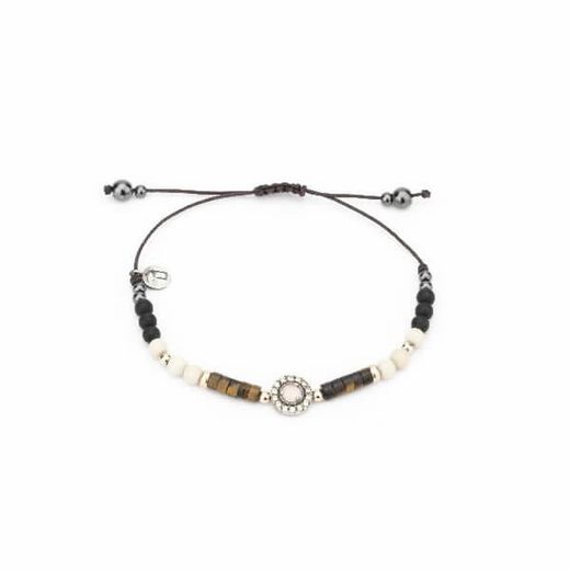Pulsera Raive macramé de plata cuarzo rosa  ojo tigre verde hematites